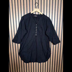 Galeries Lafayette Tunic Top Large / XL Womens Black 100% Cotton Henley Popover